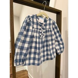 Bella Bliss Girls Blue White Gingham Check Ruffle Collar Button Up Shirt Top 5